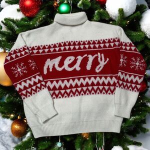 Xmas Knit Turtleneck 100% Wool Vintage Sweater Size Med "Merry" Nordic Snowflake